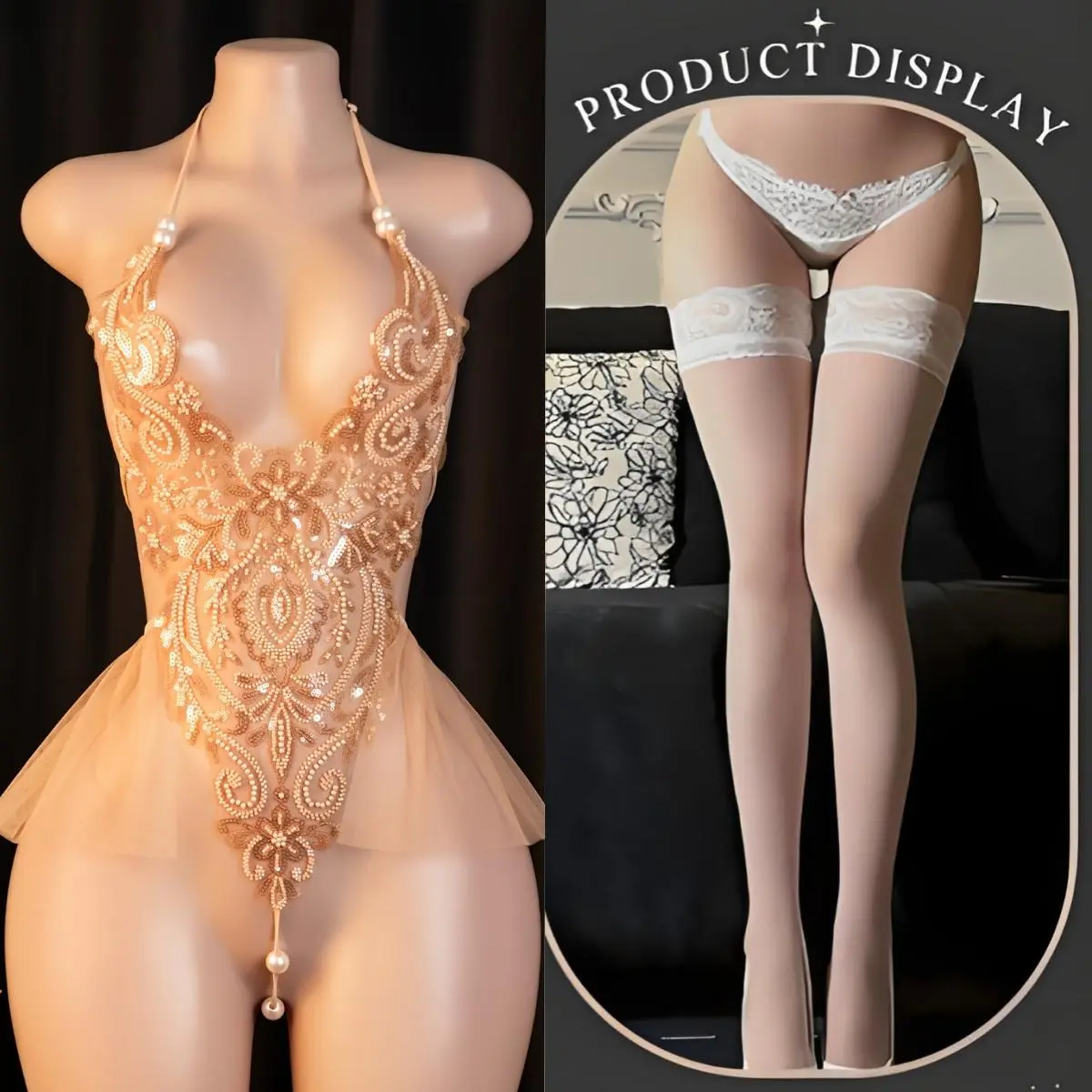 Women's Sexy Knitted Lingerie Onesie with Halter Neck and Beaded Detail, Adjustable Size Valentine Theme Boudoir Outfit with Sheer Stockings, Halter Neck Dresses, Pearl Pattern, Polyester, Elastane, Clothes, Hand Wash Only, 88-132 Lbs, Adults, Do Not Dry