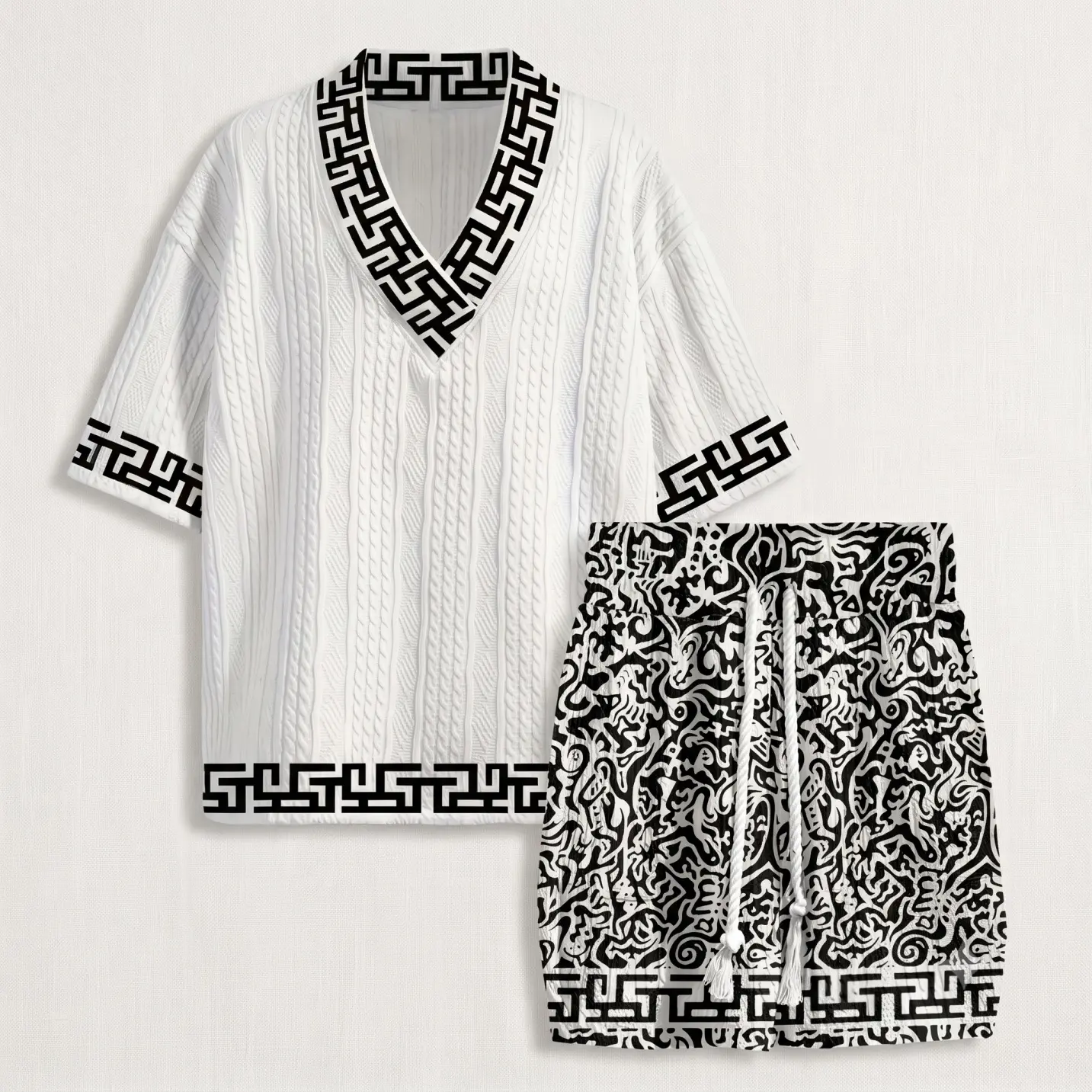 Men’s Casual Bohemian Knit Set, Short Sleeve V Neck Top and Drawstring Shorts, Lightweight Ethnic Pattern Summer Outfit for Beach, Vacation, Cruise and Relaxed Daily Wear