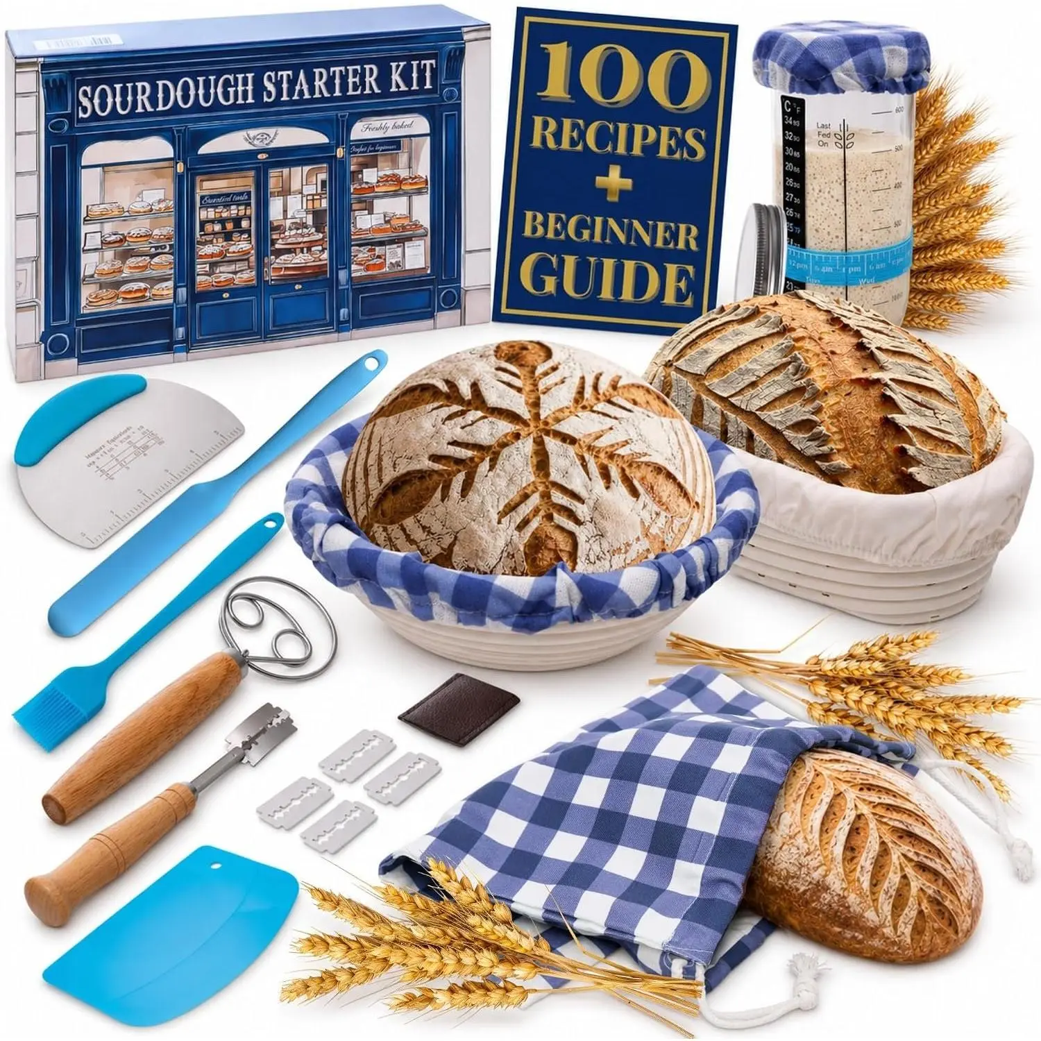 Sourdough Starter Kit for Beginners with Beginner Guide & 100 Recipes - Sourdough Bread Baking Supplies and Tools, Homemade Bread  Set and Sour Dough Accessories for Bakers