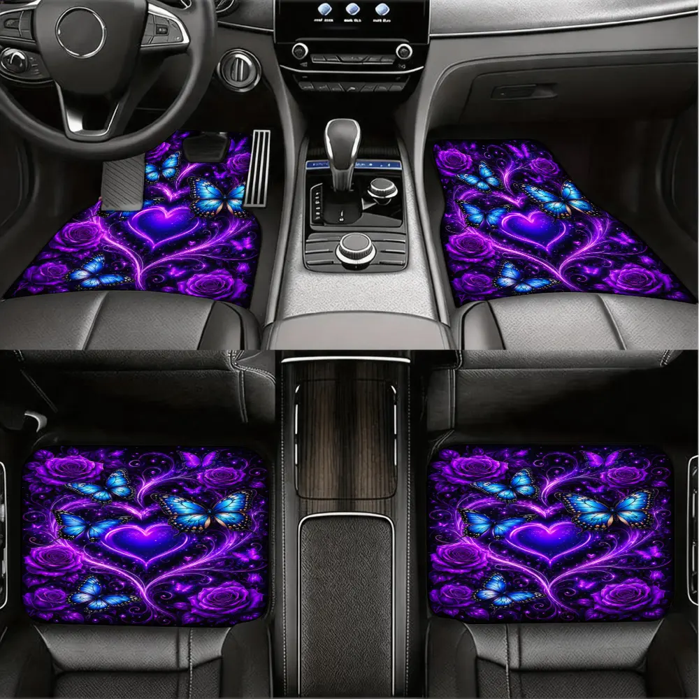 Neon Gothic Style, Car Floor Mats, Purple Heart And Butterfly Pattern, Non-Slip Rubber Backing, Universal Fit For Sedans And Suvs, 4-Piece Set