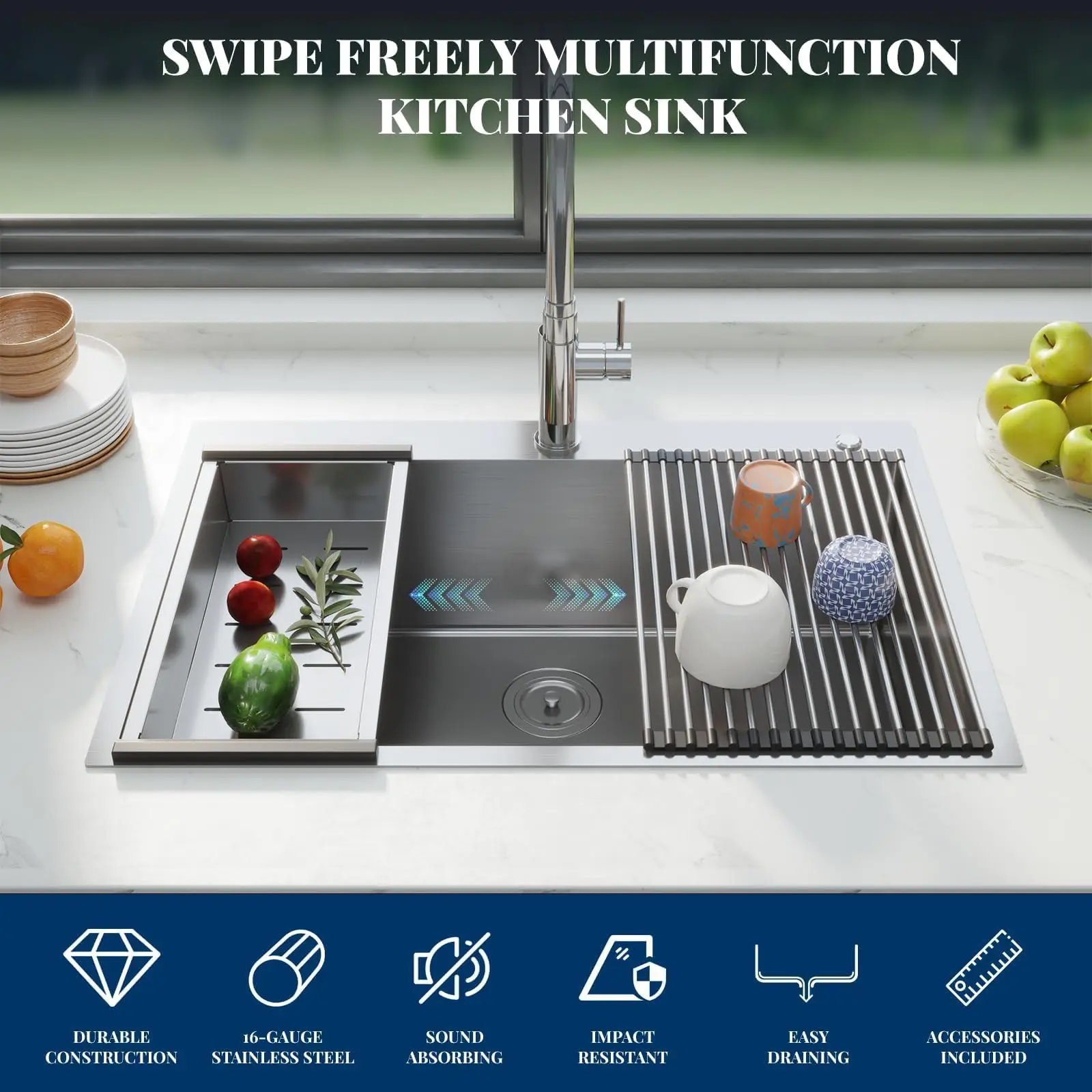 Garvee 36 x 22 Inch Workstation Kitchen Sink, Single Bowl Drop In/Undermount Sink, 16 Gauge T304 Stainless Steel, 10 Inch Deep Basin, Ledge Design with Bottom Grid, Drainboard and Drain Assembly