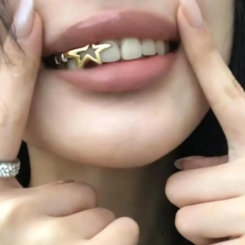 Gold Star Cutout Single Tooth Grillz Open Face Canine Caps Hip Hop Teeth Grill Mouth Jewelry Cute Y2K Aesthetic Accessory Set