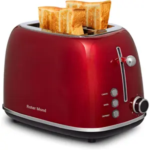 2 Slice Retro Red Stainless Steel Toaster with Bagel Cancel Defrost Functions, 6 Bread Shade Settings, Extra Wide Slots and Removable Crumb Tray