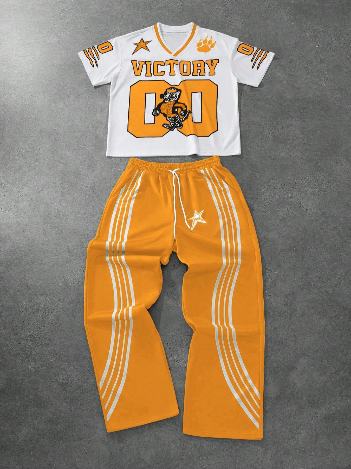 Men's Tiger Print Drop Shoulder Tee & Striped Print Trouser  Two-piece Set, Regular Fit Casual Fashion Cozy Breathable Two Piece Outfits for Daily Outdoor Wear, Men Clothes for All Seasons