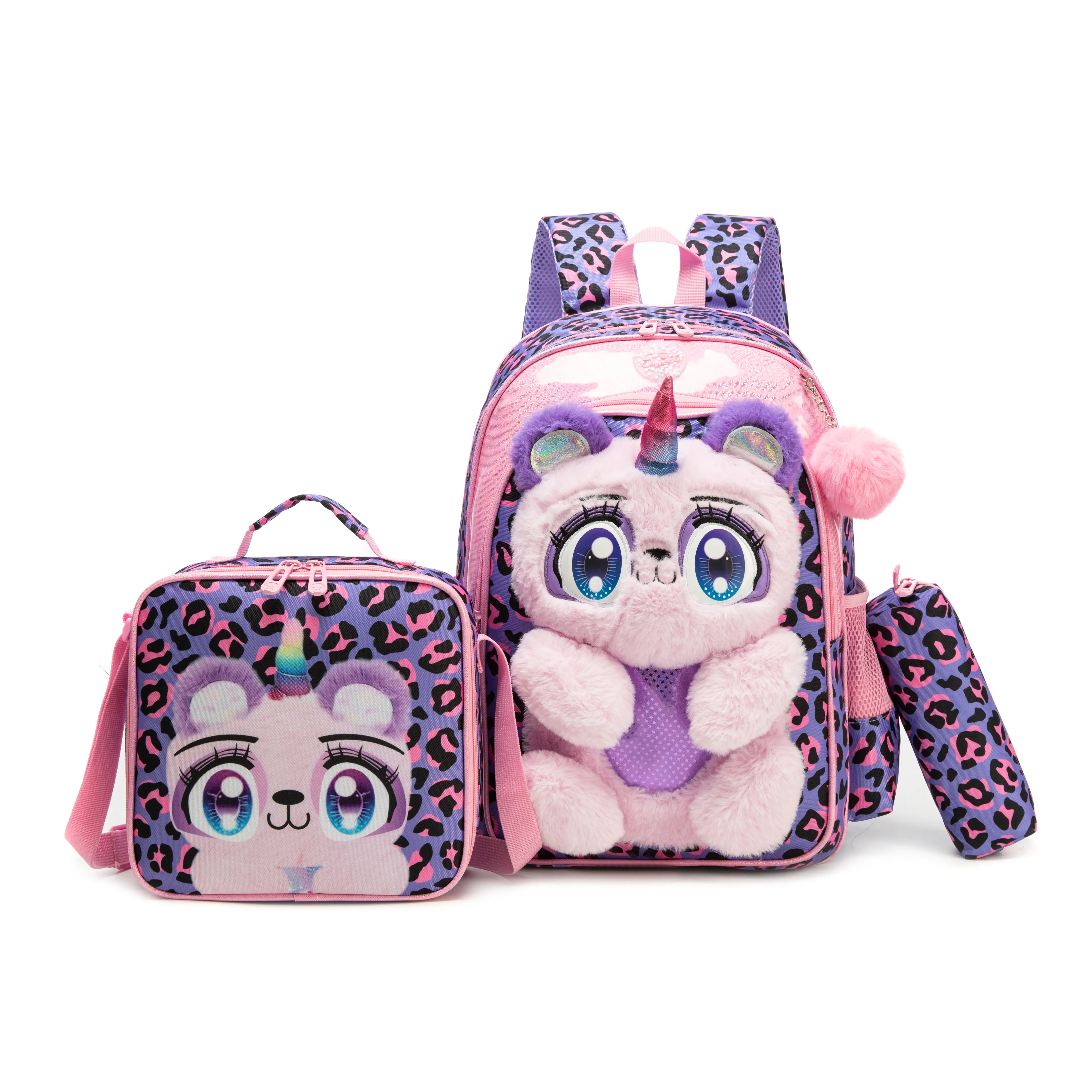 Girls School Backpack Set, 3-Piece Cute Pink & Purple Leopard Print Plush 3D Unicorn with Insulated Lunch Box & Pencil Case, Backpacks For School, Cute Stylish Daypacks, Pattern Backpack Set