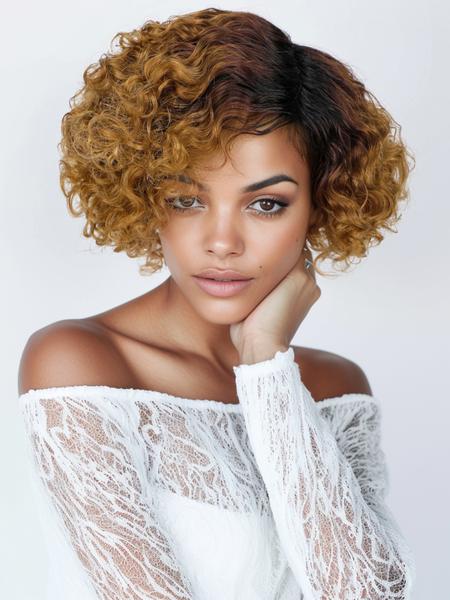 6inch T1B/30 Color Women's Short Curly Bob Wig with Bangs, 6 Inch Curly Hairpiece, Real Human Fiber, Full Machine Made, Perfect for Daily Wear, Natural Looking Wig
