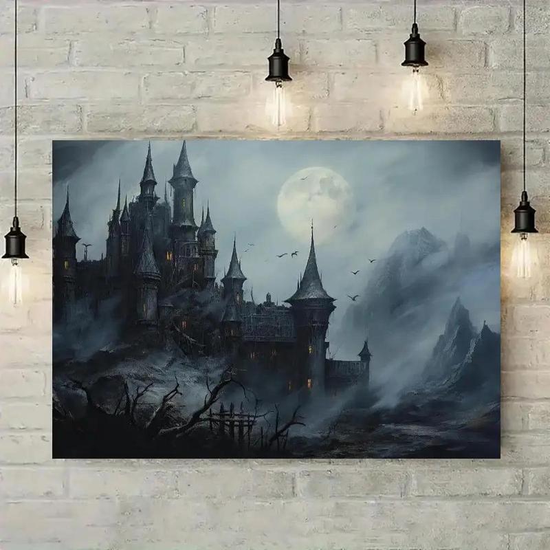 Retro Gothic Dark Theme Solid Wood Framed Mural Decoration, Featuring an Ancient Eerie Castle Wall Art Print for Living Room, Kitchen, or Dormitory with Mysterious and Historic Appeal.