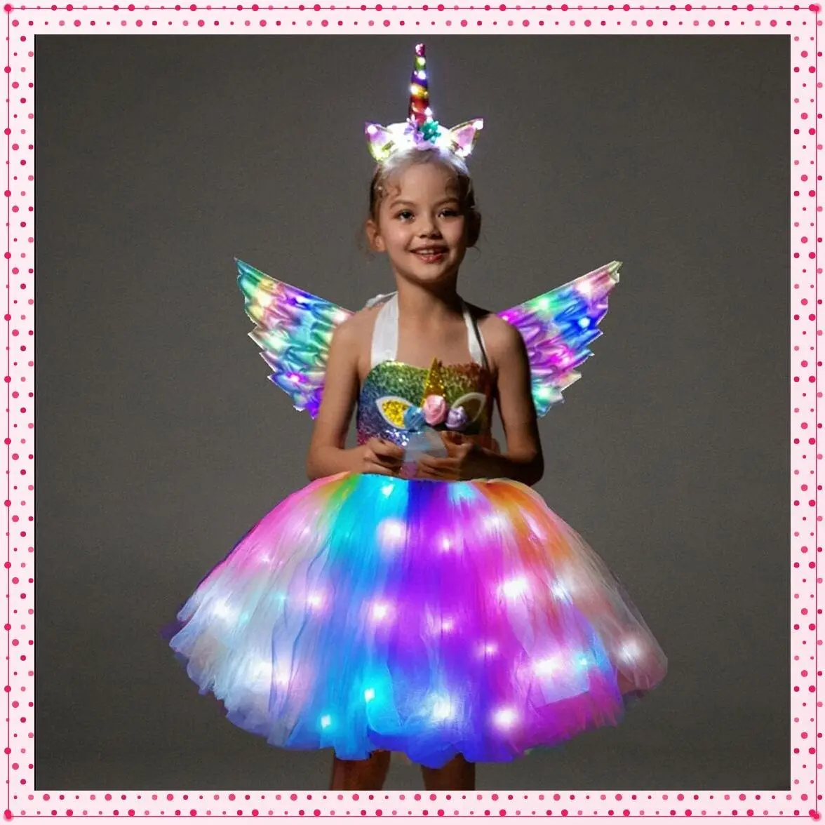 Girls Unicorn Costume, Rainbow Unicorn Dress, LED Light Up Unicorn Tutu with Wing for Halloween Birthday GiftGift