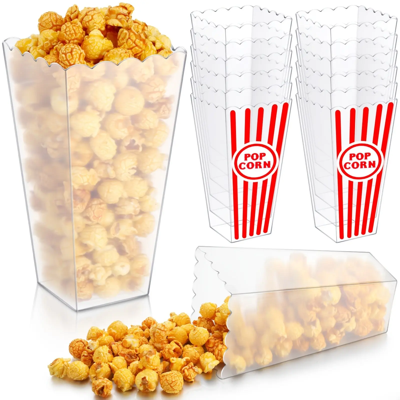 12pcs Pack Reusable Clear Plastic Popcorn Containers with Scalloped Edges & Open-Top Lid Suitable for Movie Nights, Weddings, Parties - Popcorn Bowls & Candy Cups, Elegant Party Favors, Compact for Serving (12)