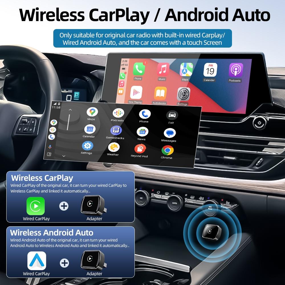 Wireless Carplay Device, Supports Android Auto, Fast Connection, Plug-And-Play, Hands-Free Calling, Smart Screen Upgrade, Premium Material Gift