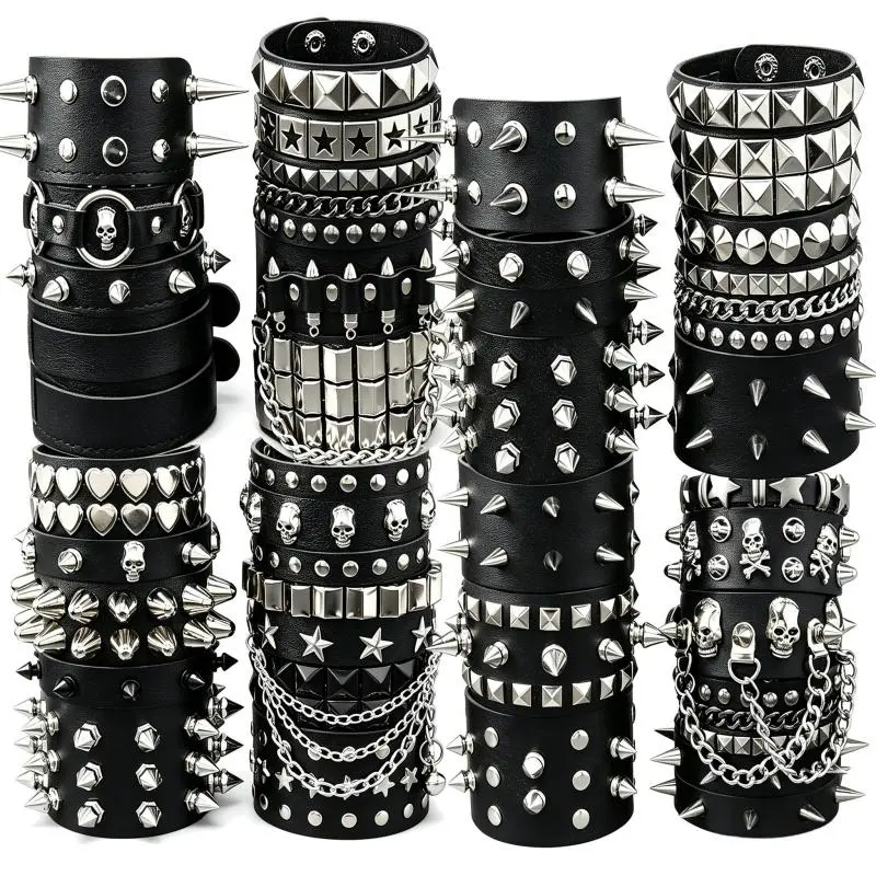3-15pcs Gothic Studded Bracelet, Emo Spiked Bracelets Pu Leather Rivet Punk Bracelet Rock Cuff Goth Bracelets Punk Accessories Halloween for Men Women
