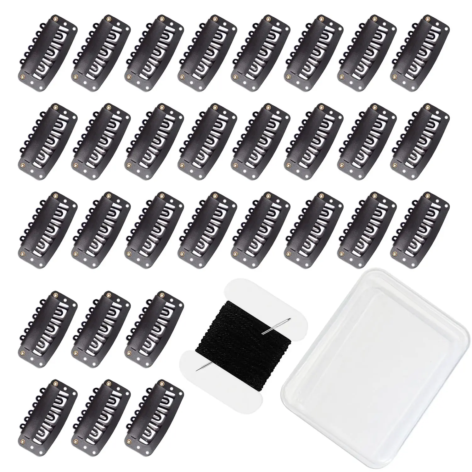 30 Pcs 32mm 6-Teeth U-Shape Wig Clips for Clip-in Hair Extensions, with DIY Needle and Thread Kit – Snap Hair Clips for Hair Extensions Clip-ins (Black)