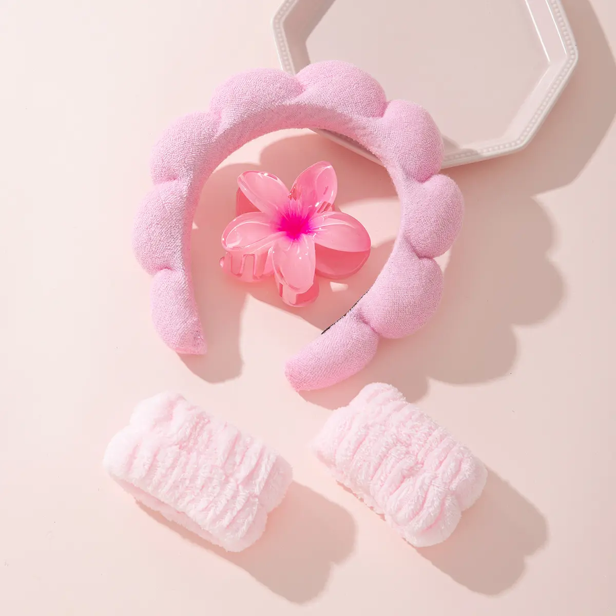 3-Piece Pink Face Wash Headband and Wristband Set, Soft Cloud Skincare Accessories for Women, Absorbent Wrist Cuffs & Flower Hair Clip