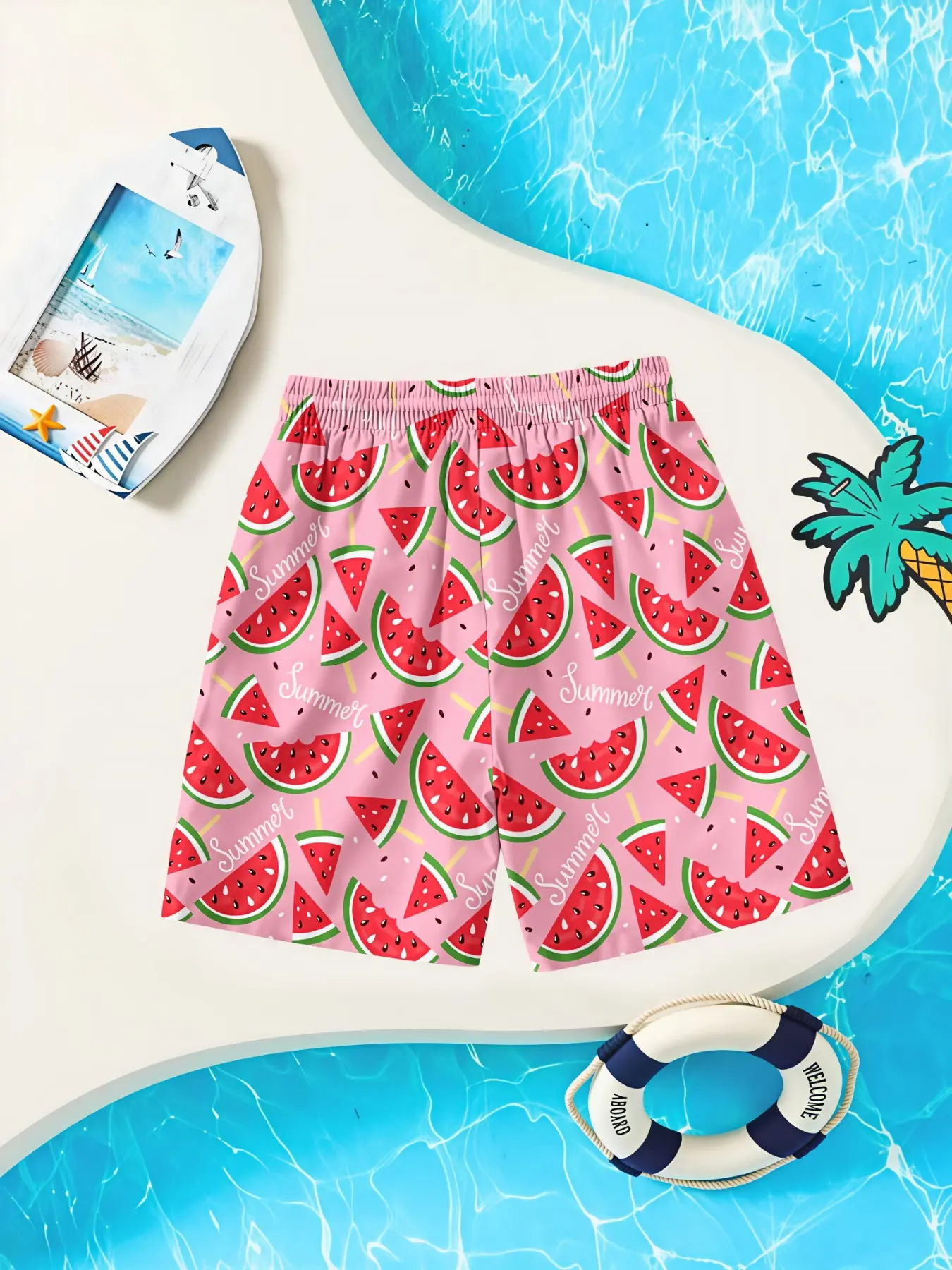 Cute Fruit Watermelon Tropical Print Little Boys Casual Shorts Soft Skin-Friendly Ultra Light Loose Drawstring Kids Board Shorts For Backyard Park Travel Preschool Boys Summer Essential