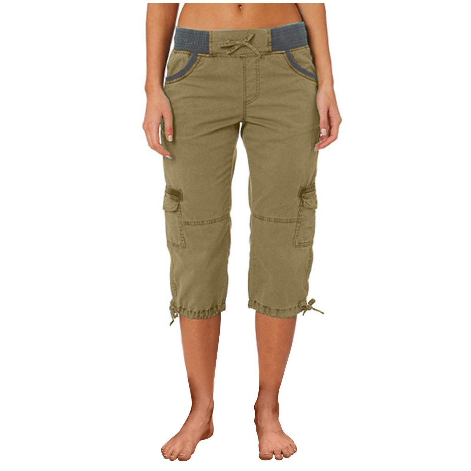 Women Cargo Capris Soild Casual Pants With Pocket Drawstring Outdoor Hiking Pants Women'S Slacks Thin Streetwear Tops Chic White Womenswear Bottom Comfort Basic