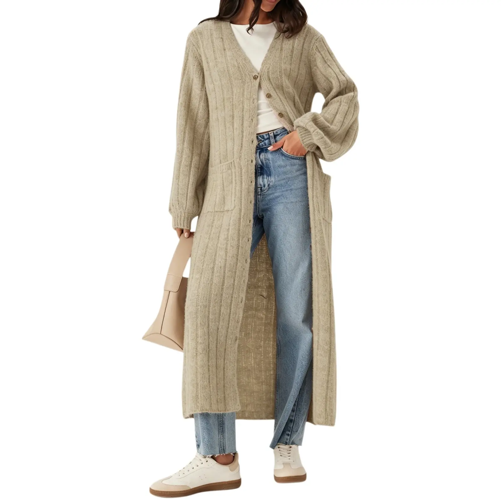 Cicy Bell Women Long Cardigan Sweaters V Neck Puff Long Sleeve Duster Coat | Chunky Knit, Button Down Open Front, Fall Casual Trendy, Loose Fit Outerwear, Lightweight Knitwear With Large Pockets