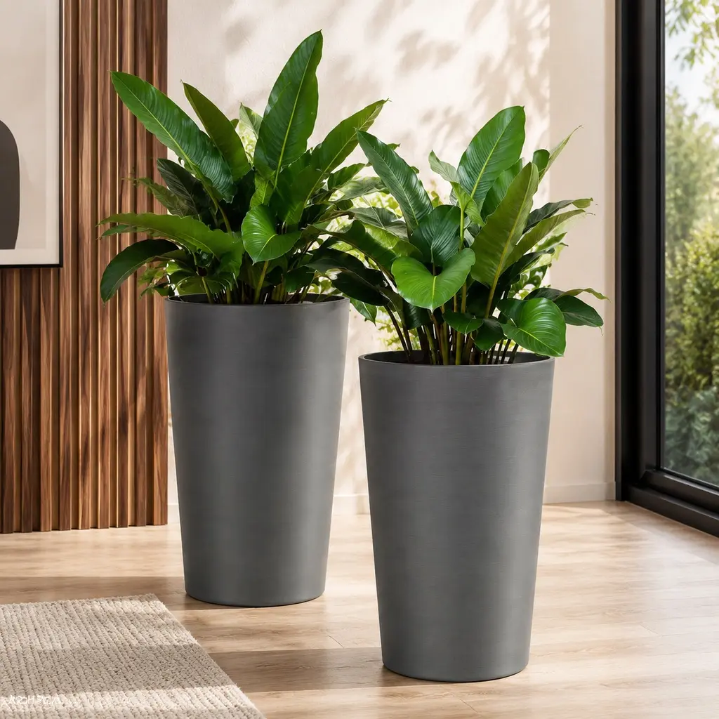 2-Pack Polymer Square Garden Planters, 21.7 in Tall, Minimalist Tapered Matte, UV-Resistant & Crack-Resistant Pots for Indoor, Balcony Use