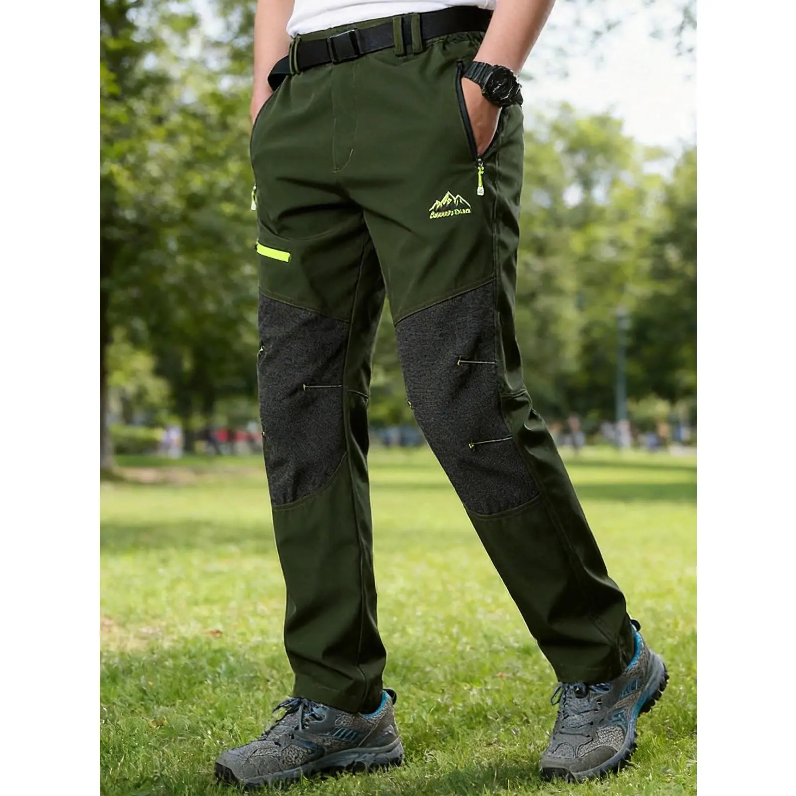 Men's Functional Quick Dry Mountain Hiking Pants with Knee Patch Spliced Adjustable Waist Zipper Pockets for Outdoor Climbing Travel Breathable Menswear