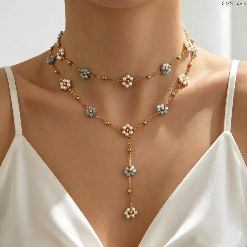 Two Layer Beaded Flower Y Necklace White Blue Pearl Floral Pendant Necklace Elegant Women Adjustable Chain Jewelry
