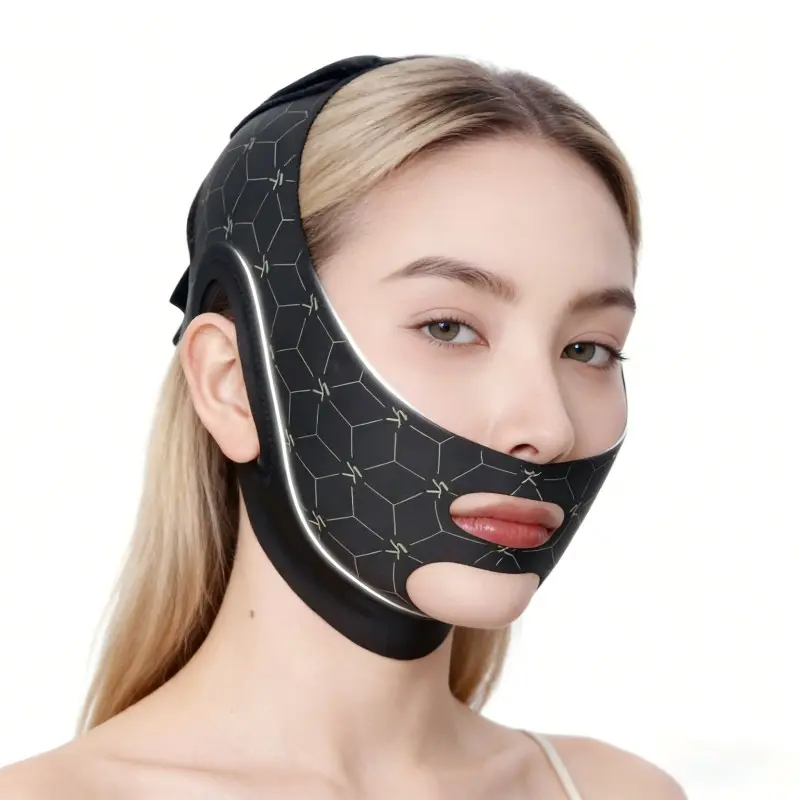 Double chin reducer adjustable facial shaping belt, facial lifting belt, mandibular shaping machine, jawline shaper, reusable chin belt for men and women, V-shaped facial lifting mask, black