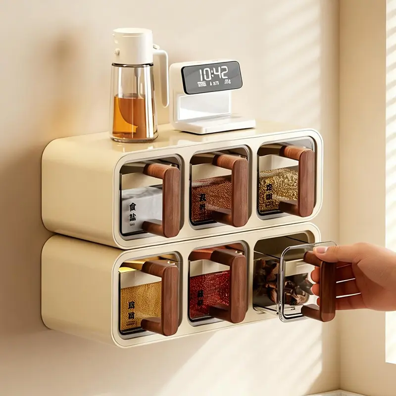 Wall-mounted seasoning jar set for home kitchen, multi-compartment integrated salt jar, chili jar, sealed and moisture-proof seasoning box