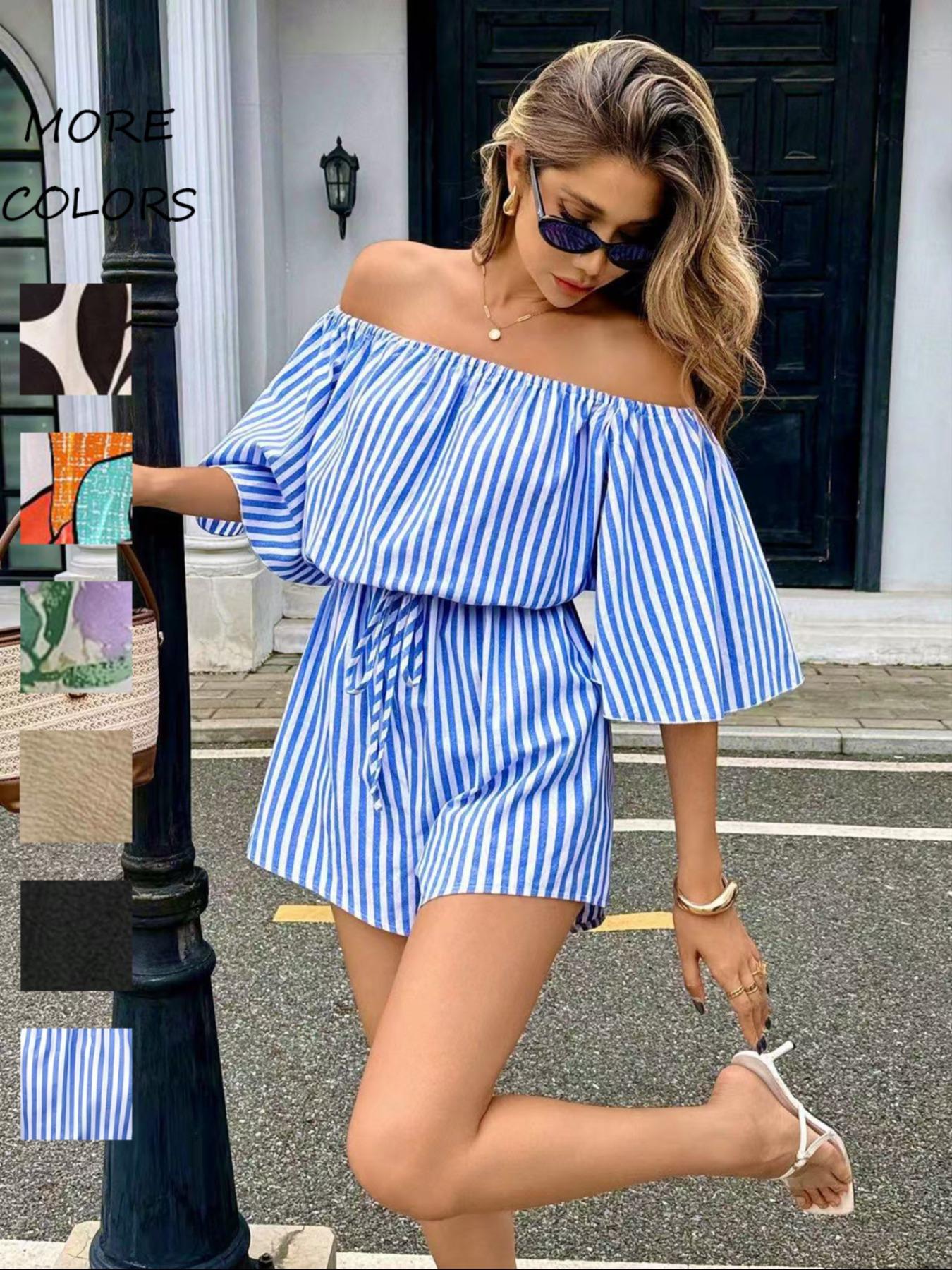 Women's Leaf Print Off Shoulder Tie Front Romper, Casual Flounce Sleeve Romper for Summer, Fashion Women's Clothing for Beach Holiday Vacation Jumpsuit