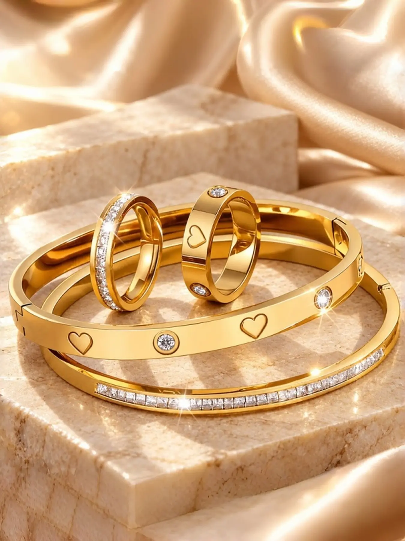 4 Piece Luxury Stainless Steel Heart Zirconia Bracelet and Ring Set for Women Light Luxury Diamond Inlaid Open Bangle Versatile Stackable Gift Jewelry Sets Holiday Gift for Friends Party Wear Valentine's Day Gift Christmas Gift for Her