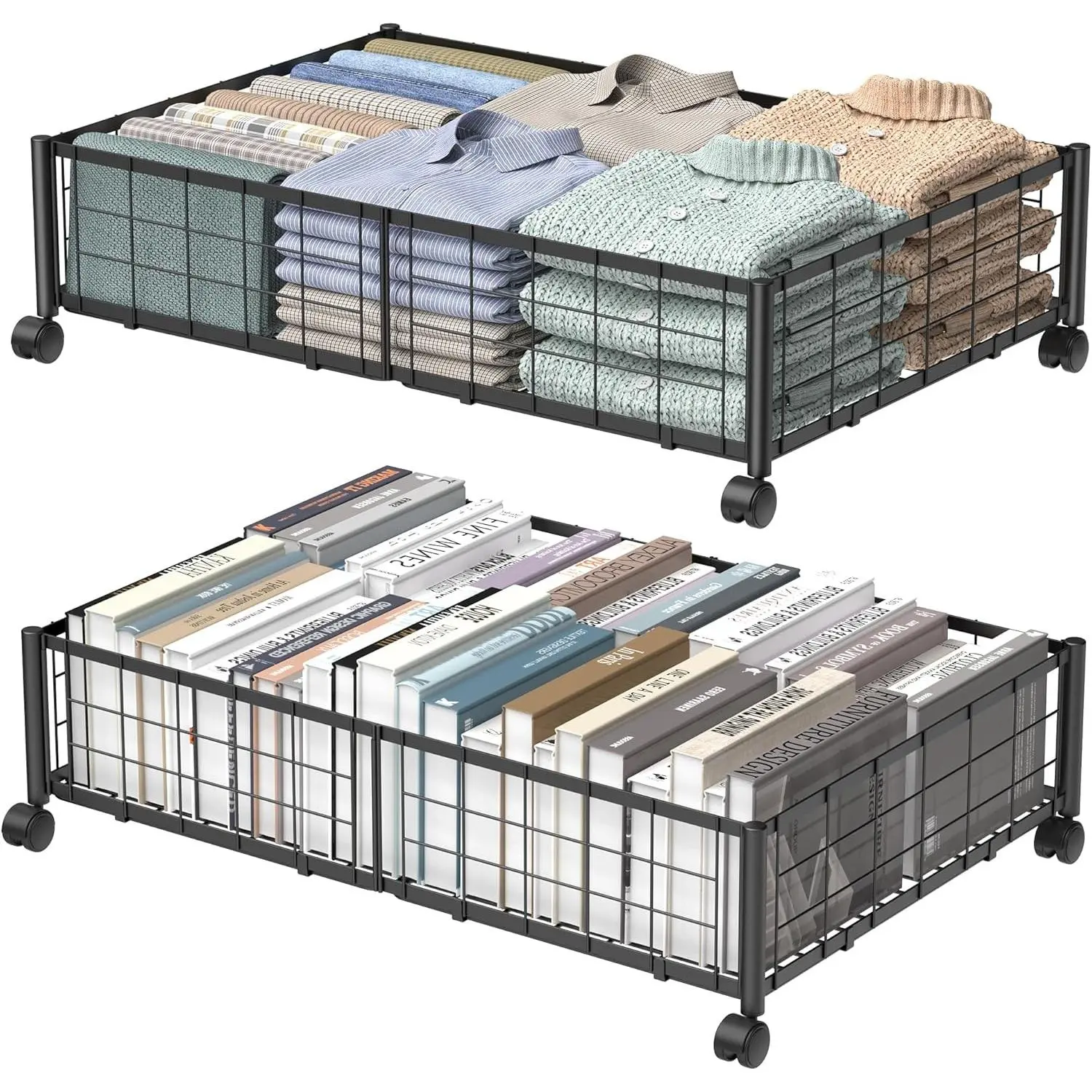 2-Pack Metal Under Bed Storage Boxes with 360° Rotating Wheels, No-Assembly Underbed Organiser Shelf