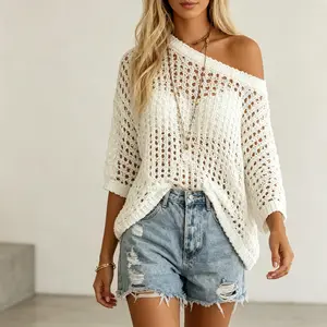 Summer Casual Crochet Knit Top Sexy See Through Loose Mesh Pullover Bikini Swim Coverup for Women