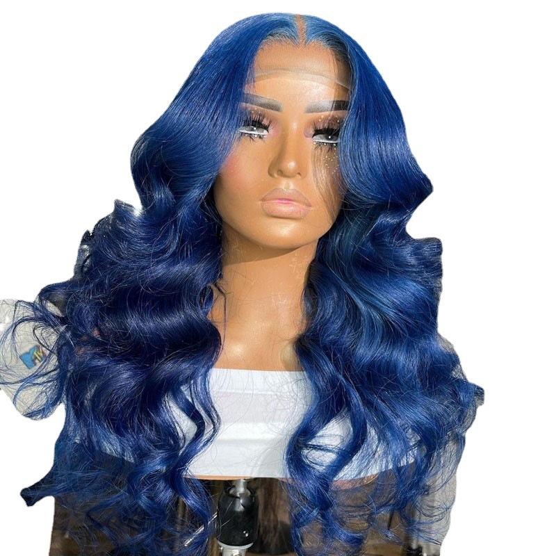 2026 Wig with middle parting, blue large wavy long curly hair, rose net cap