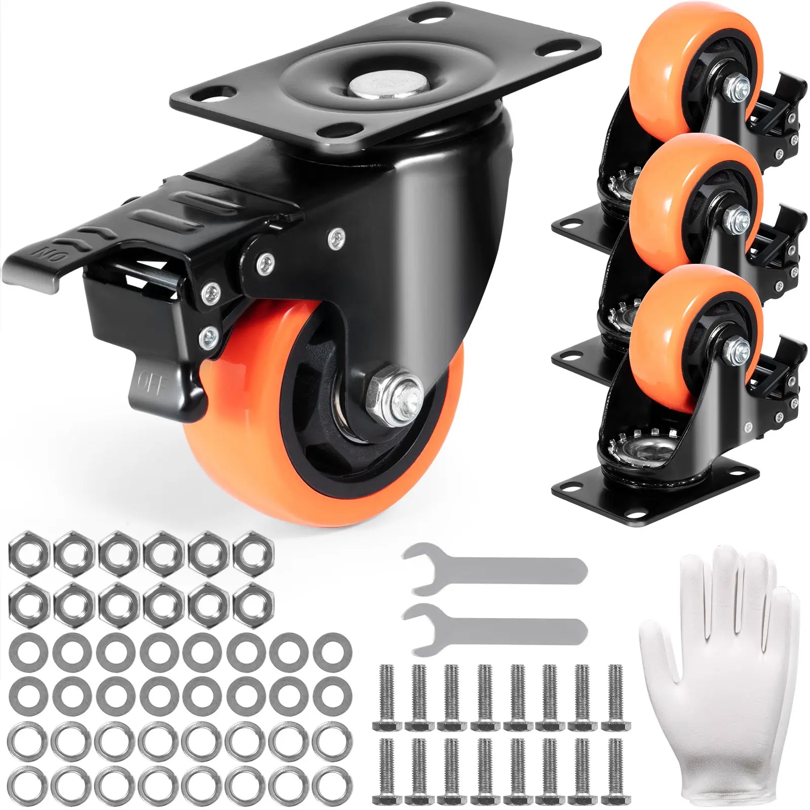 【toolupgrade】VEVOR Caster Wheels, 3-inch Swivel Plate Casters, Set of 4, with Security A/B Locking No Noise PVC Wheels, Heavy Duty 250 lbs Load Capacity Per Caster, Non-Marking Wheels for Cart Furniture Workbench