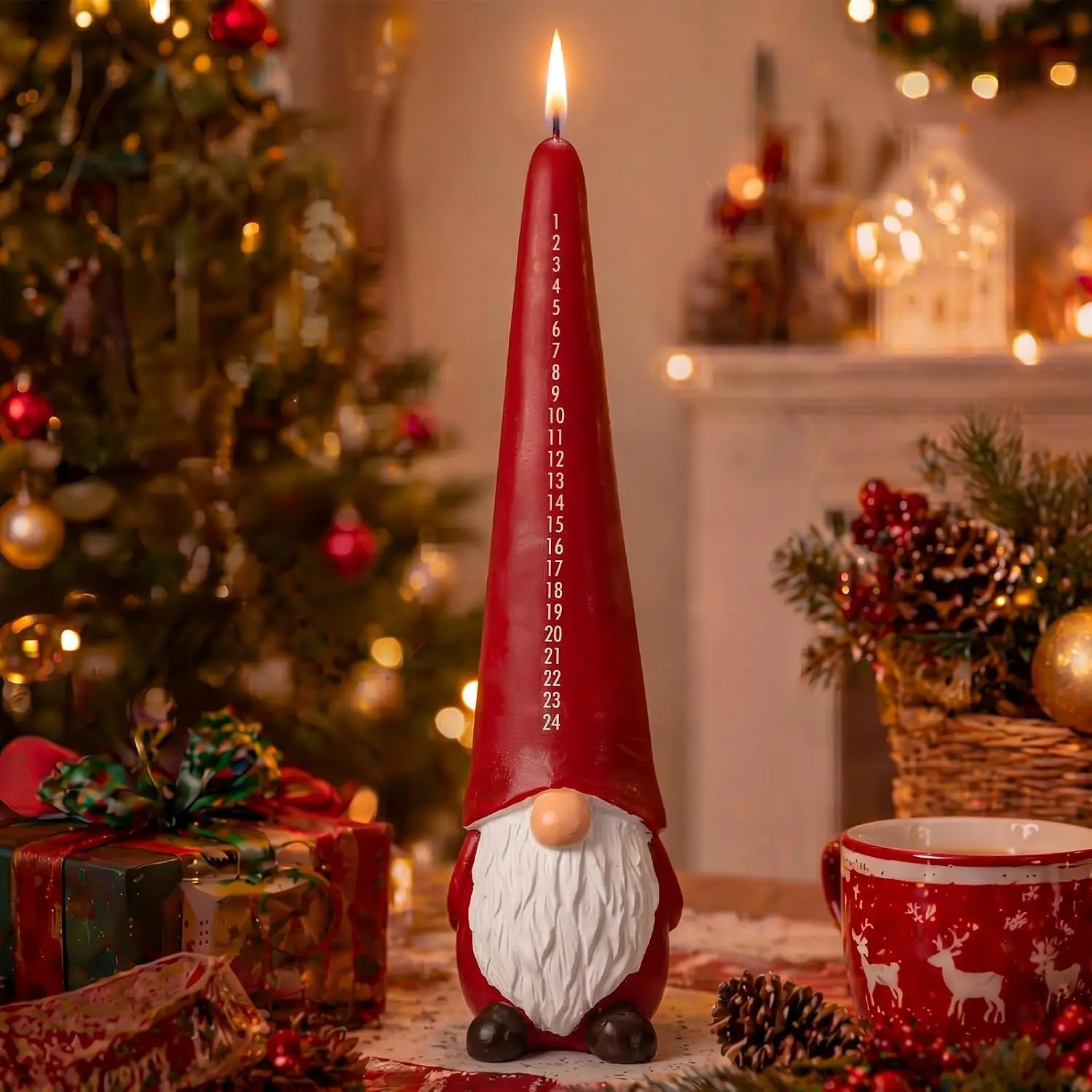 11.4 in Christmas Countdown Candle, 1-24 Numbered Sturdy Standing Candlestick, 50-Hour Burn Time Red Candle for Xmas Table Decor, Room Decorations, Home Decor Party Decoration