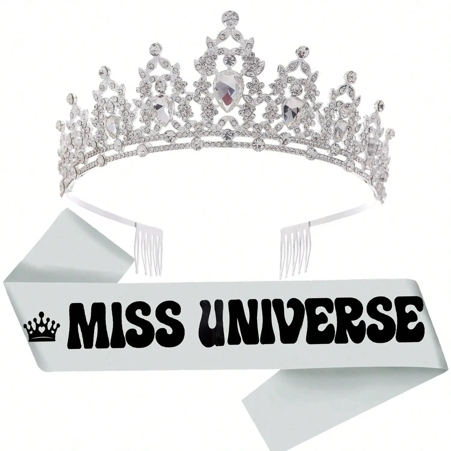 Silver Satin Miss Universe Sash Rhinestone Tiara Set, Adjustable Black Glitter Letter Sash Crystal Headband for Pageant Wedding Prom Birthday Cosplay