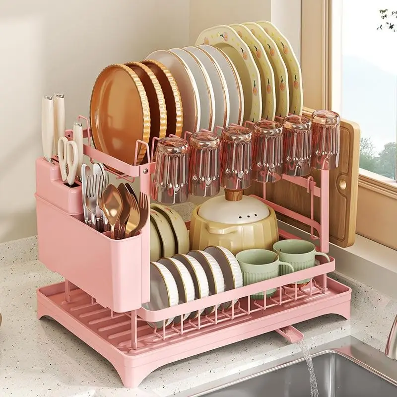Double Layer Drain Rack with Tray, Cup Holder, Utensil Hooks, Rust-Resistant Countertop Organizer, Space-Saving, Easy to Clean, Kitchen Essential