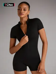 Women's Polo Neck Sporty Jumpsuit, Yoga Golf Tennis Pants, Casual Running Fitness One-Piece Half Zip Short Sleeve Top