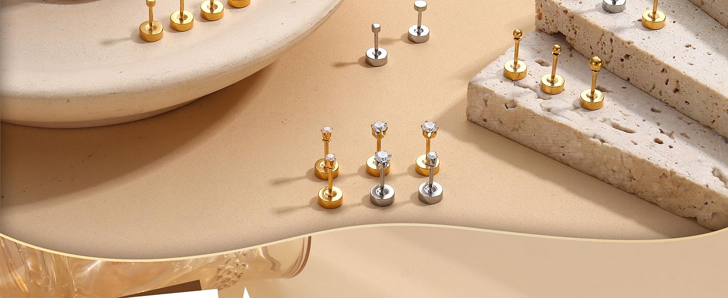 YADOCA Small Flat Back Earrings for Women Men - Hypoallergenic 14K Gold Plated Surgical Steel Screw Flat Back Stud Earrings Tiny Cartilage Earring Sets For Multiple Piercing 2/3/4mm 18pairs