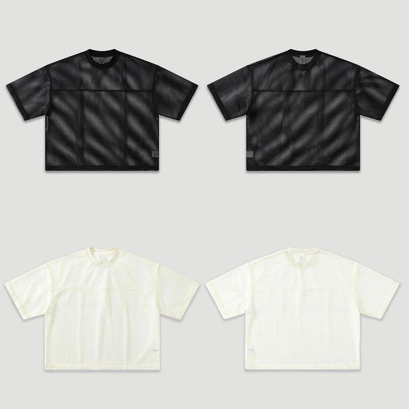 Unisex Boxy Fit Black White Mesh T Shirt for Mens 260G Heavyweight Vintage Streetwear Crop Top Breathable Layering Tee