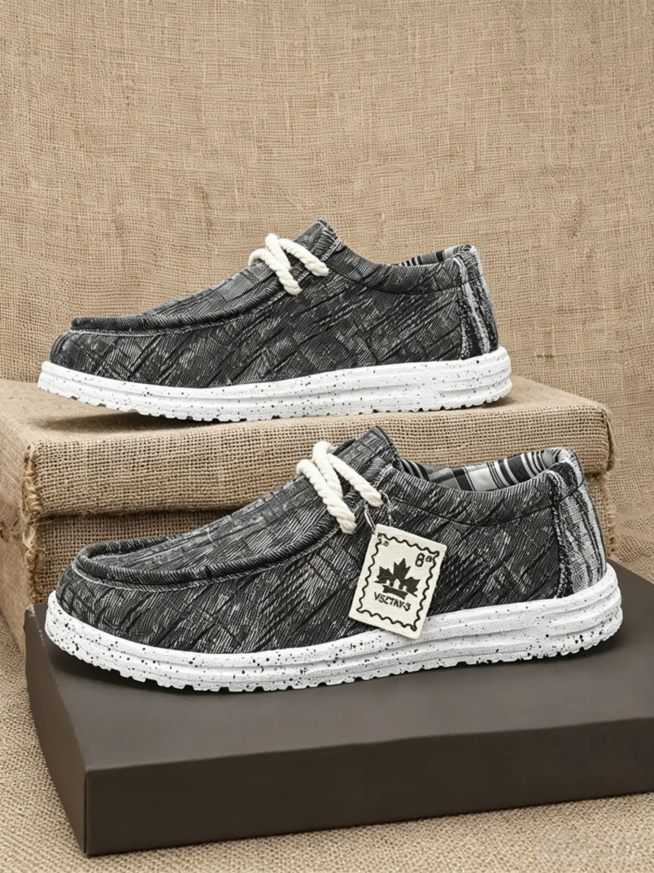 Retro men slip-on loafers in three colorways, crafted from worn-look plaid canvas, fitted with thick hemp laces and speckled rugged outsole for all-day casual daily wear Casual Fashion Shoes Walking Shoes