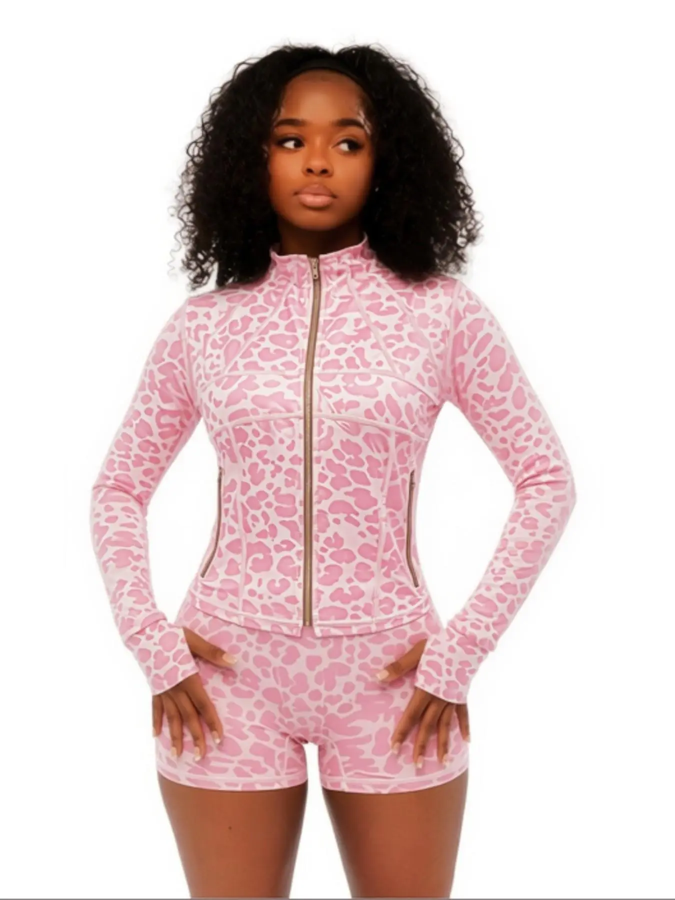 Leopard Print Yoga High Elastic Long Sleeve Zipper Bottom Shorts, Casual Sport Set for Women, 2 Piece, Comfortable and Stylish, Shorts Athletic Set