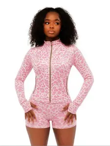 Leopard Print Yoga High Elastic Long Sleeve Zipper Bottom Shorts, Casual Sport Set for Women, 2 Piece, Comfortable and Stylish
