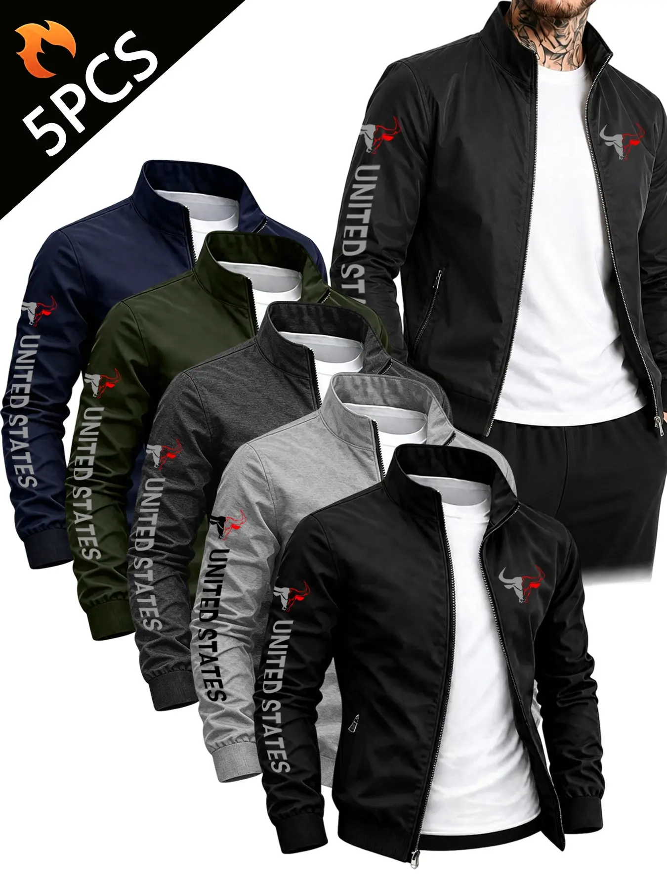Men's Stand Collar Print Long Sleeve Jacket Coats Set of 5, Bull Pattern, American Street/streetwear Style, Casual Fall Winter Outerwear, Casual Fashion Coat