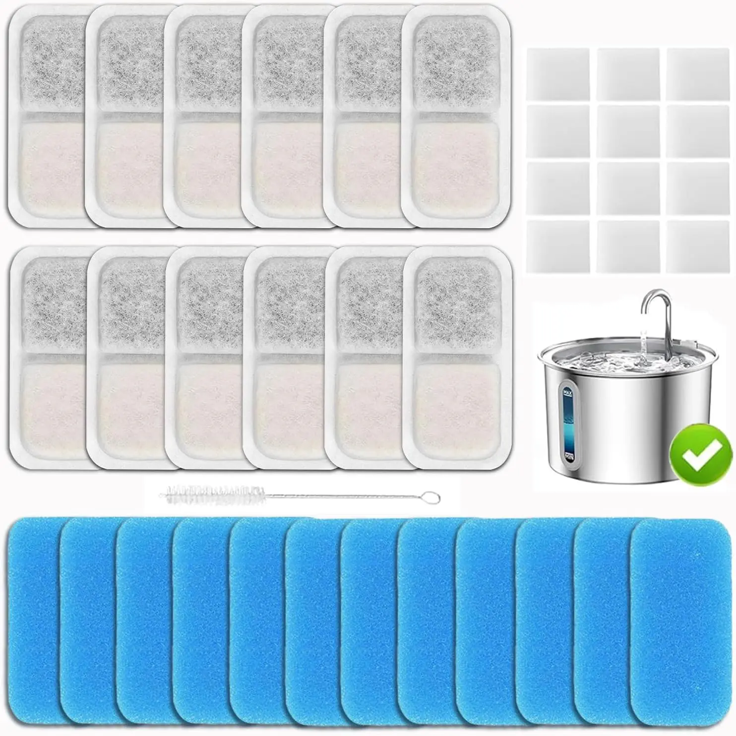 Fountain Filters Fit for  PWF-001 2L/67oz  Water Fountain | 12 Pack  Filters +12 Pack Pre-Filters and 1 Hard Brush|Improves Water Quality|Accelerate Filtration Flow Rate