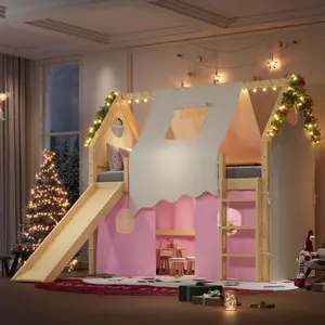 ARCH Twin Size House Loft Bed with Slide, Ladder, Tent, and Lights, Solid Wood Kids Bed Frame, Natural+Pink, No Box Spring Needed, Fun Playhouse Design for Children's Bedroom, Space-Saving Loft Bed with Storage and Play Area, Bedroom Furniture for