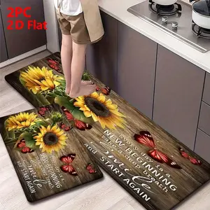 2/3pcs Sunflower Butterfly Kitchen Mat Set, Washable Rustic Style Rug, Absorbent Kitchen Rugs and Mats for Bathroom, Laundry Room, Hallway, Home Decor