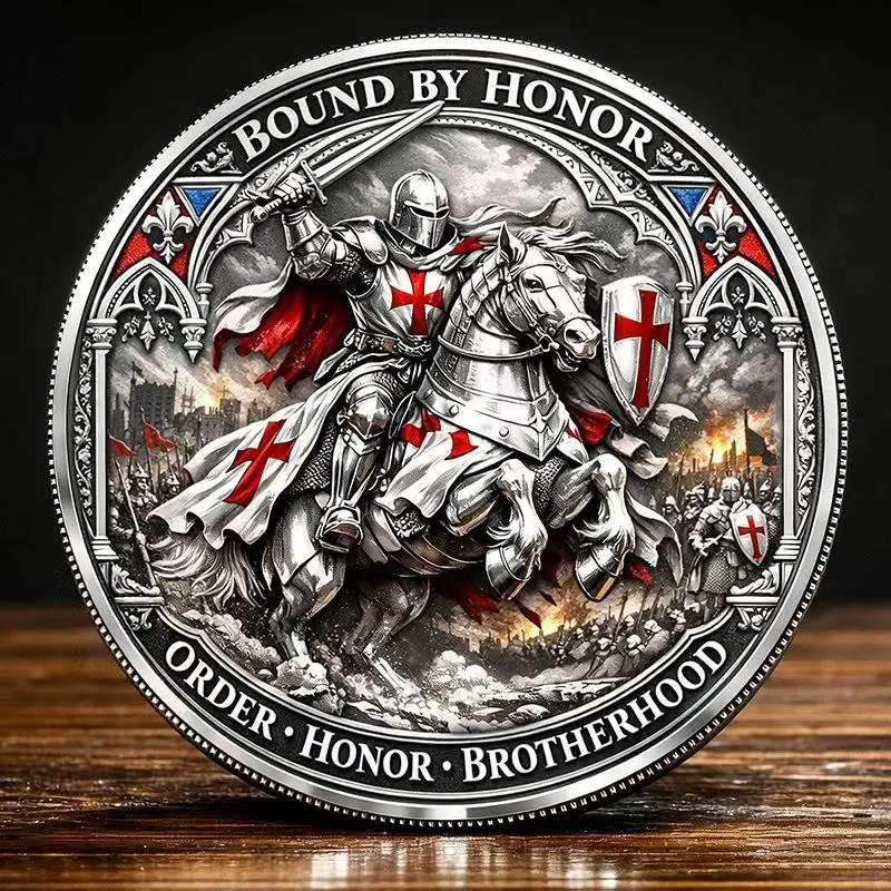 Knight Brotherhood Dual-Sided Challenge Coin, Medieval Faith and Glory Medal, Men's Collectible Gift, Anniversary Souvenir