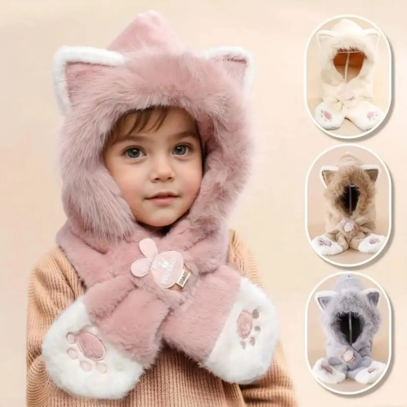 Cat Paw Embroidery Plush Hat Scarf Combo, Cute Cat Ear Thickened Winter Pullover Hood Neck Warmer, Soft Windproof Head Neck Protection, Cozy Warm Accessory For Halloween, Daily Outdoor Cold Weather Wear tiktokshopbacktoschool