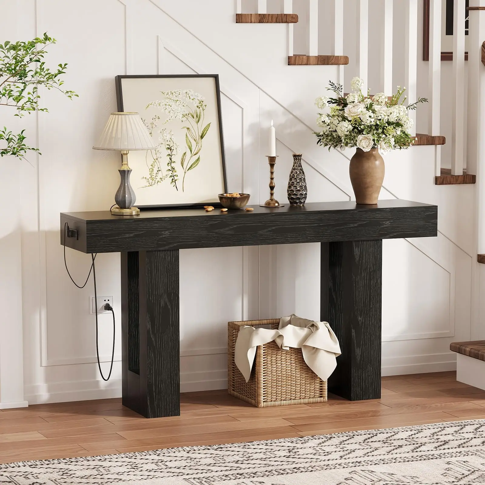 Garvee 63 Inch Console Table with Power Outlet, Extra Long Sofa Table Behind Couch with USB & Type c Ports, Narrow Entryway Table for Hallway, Entrance, Living Room, 33.3" High, Black
