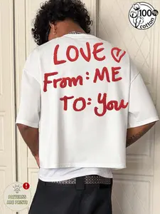 Unisex 100% Cotton White Drop Shoulder Short Sleeve Tee with Red "LOVE From: ME TO: you" Handwritten & Heart Print American Sweet Casual Clean Fit Top (Print Only, No Embroidery)