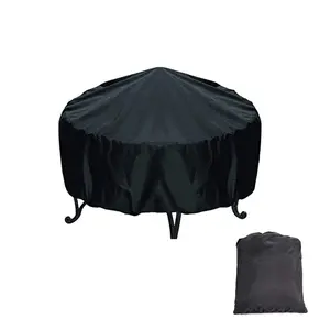 Black Round Fire Pit Cover Polyester Dustproof & Waterproof for Stove Brazier Protection 210D Oxford Fabric