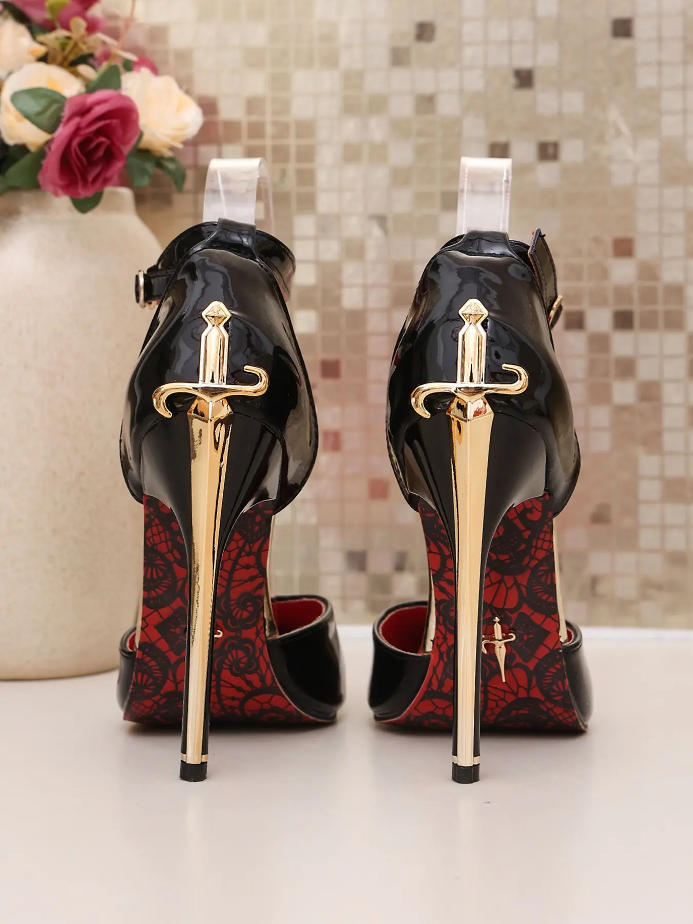 2026 New Patent Leather Sword Heel High Heels for Women, Hollow Out Pointed Toe, Sole Lace Fine Heel, Elegant Party Shoes